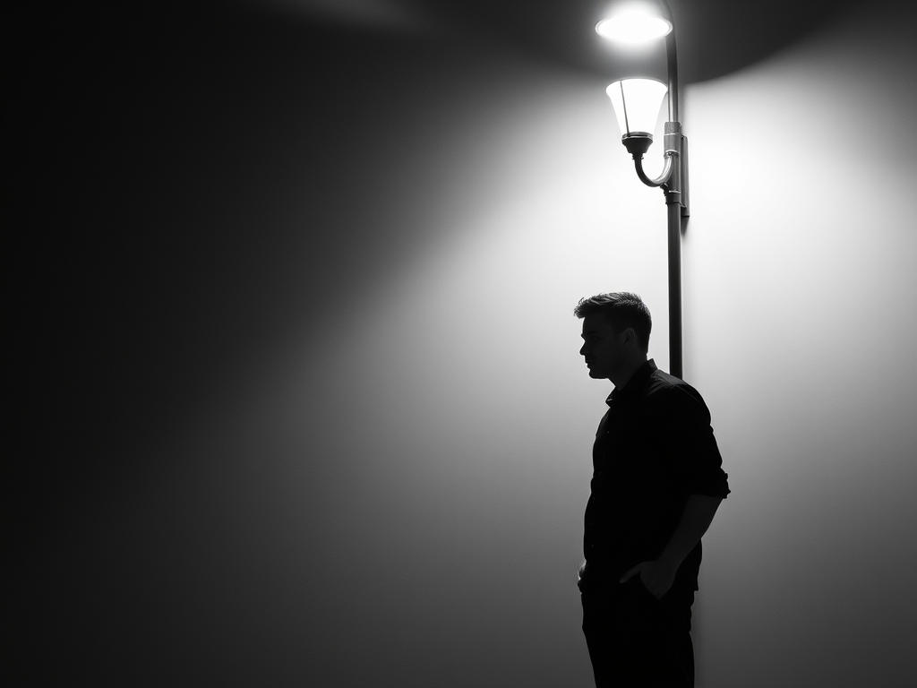 “Man reflecting on authenticity under a single light.”