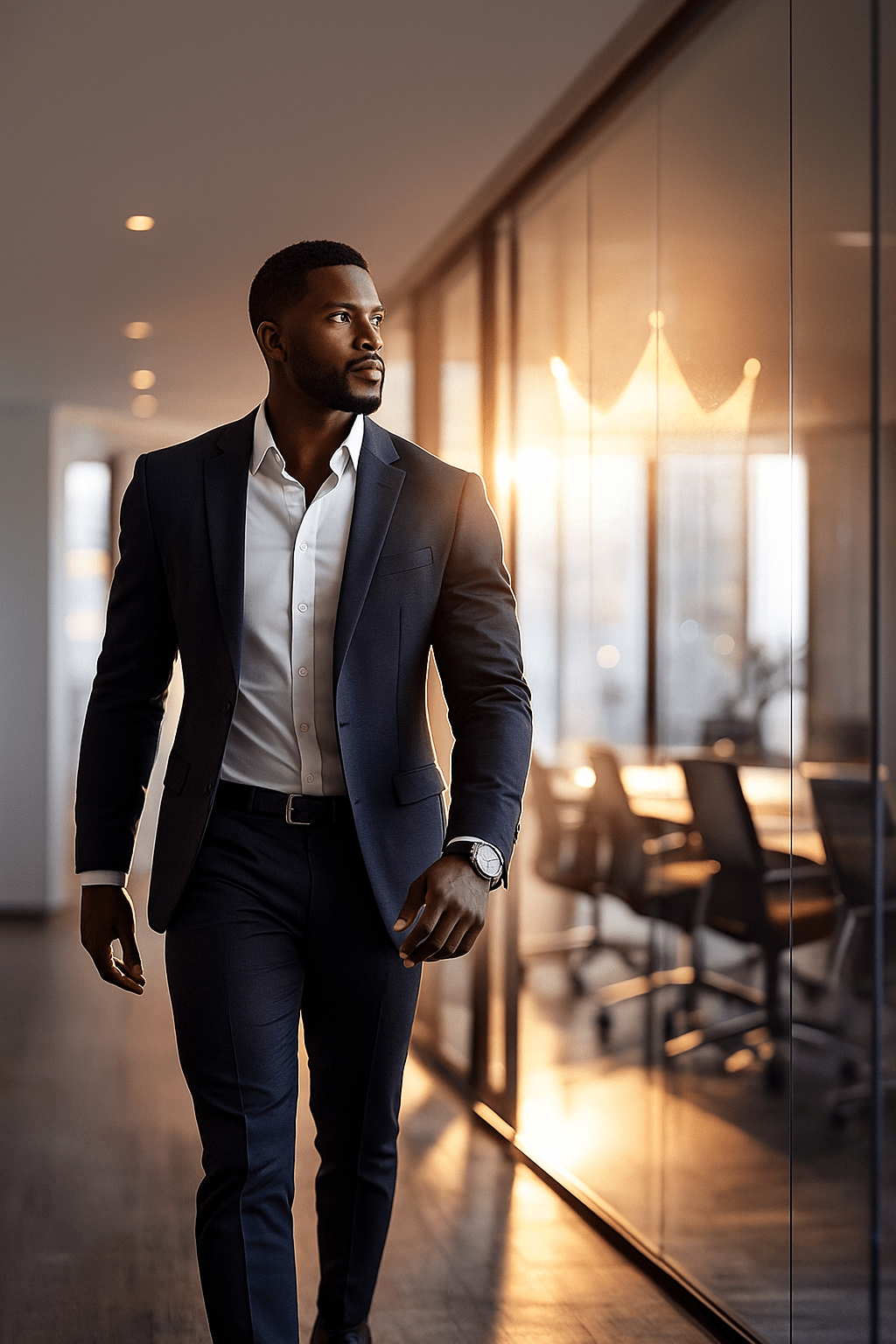 Confident Black man walking boldly into a modern room with upright posture and warm golden lighting, symbolizing presence, identity, and taking up space.