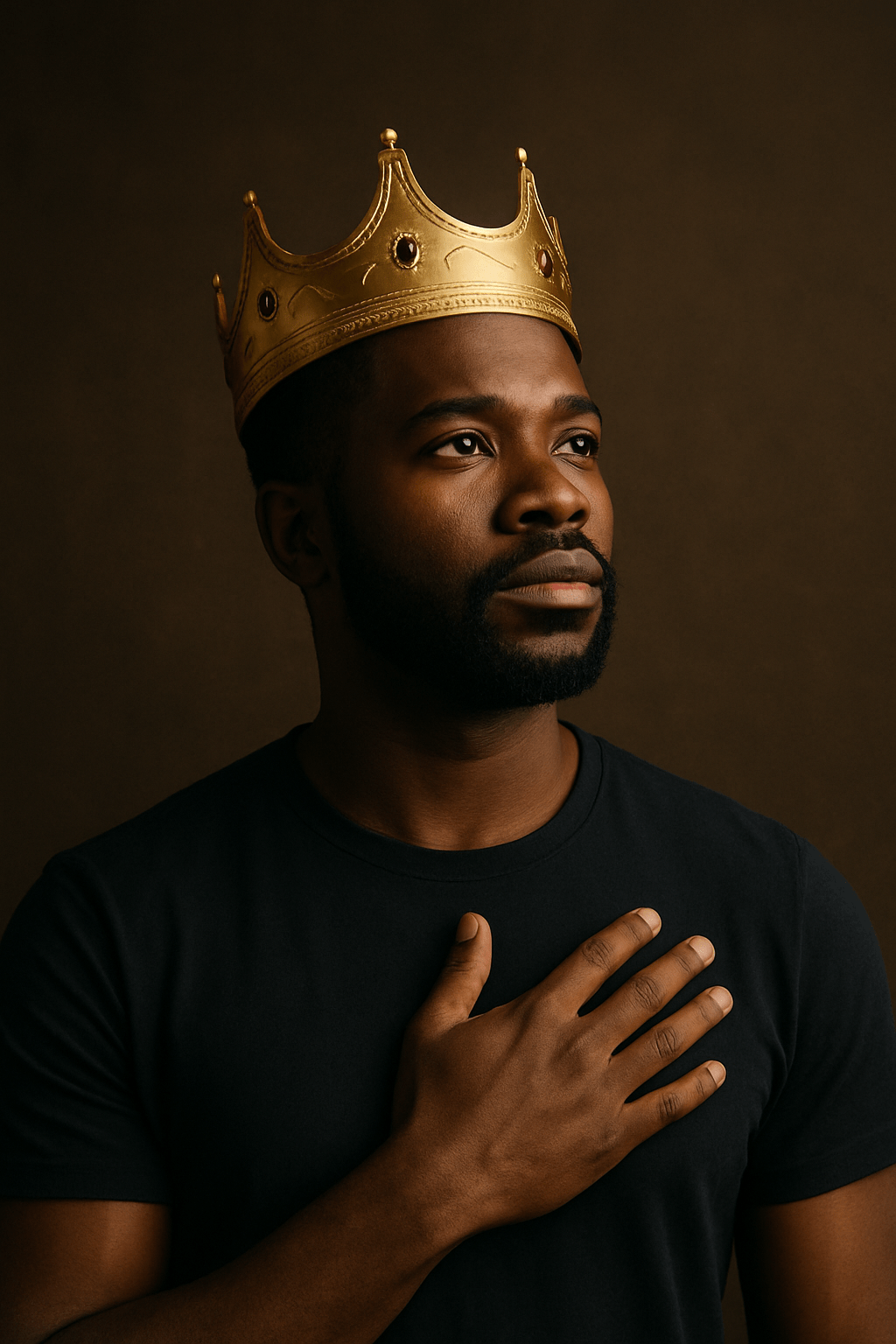 A modern Black man wearing a gold crown stands against a warm brown background with his hand over his chest, looking upward with a thoughtful, kingly, faith-filled expression.