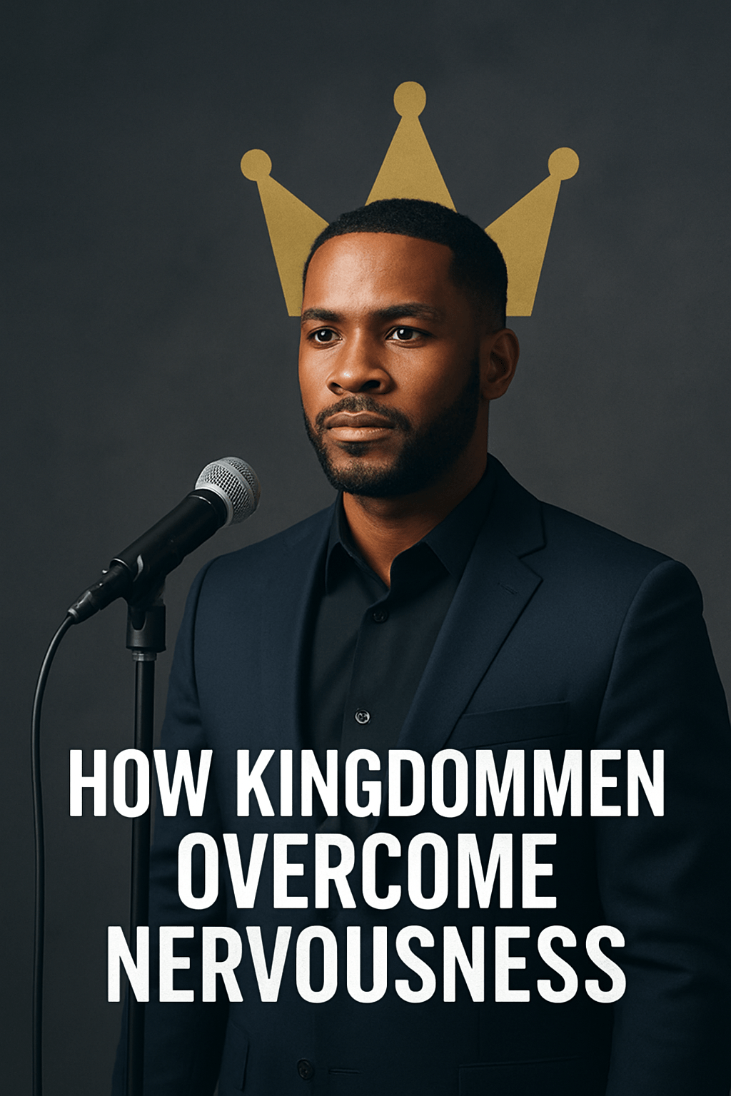 A confident Black man standing behind a microphone preparing to speak, with subtle crown imagery symbolizing leadership and identity.