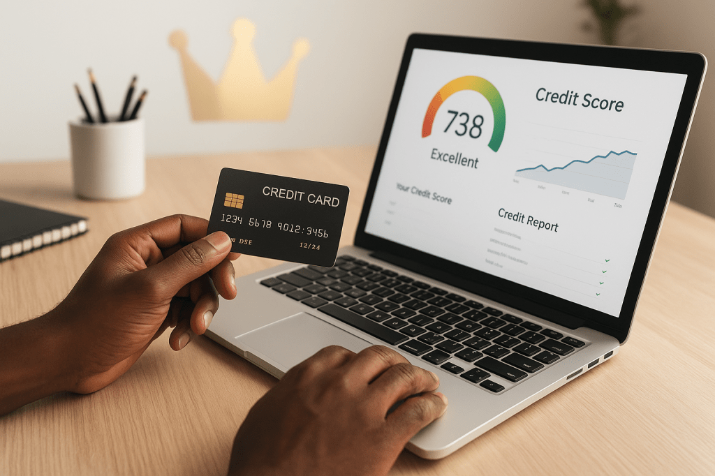A Black man reviewing his credit score and rebuilding his finances at a clean, minimal desk with a subtle crown reflection symbolizing Kingdom identity.
