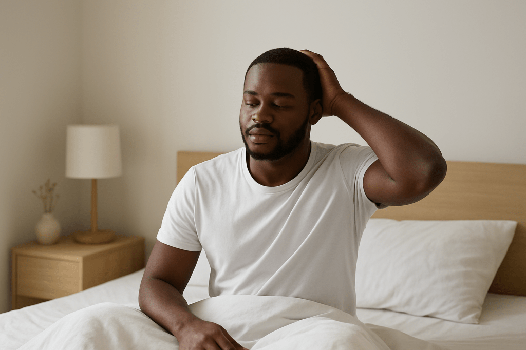 A confident Black man waking up in a clean, minimal bedroom with calm lighting, symbolizing peace, purity, and normal male physiology.
