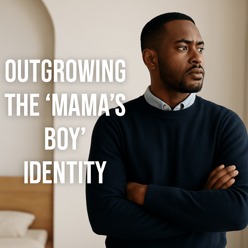 A Black man standing confidently in front of a modern home interior, symbolizing personal growth and independence, with a subtle golden crown silhouette suggesting rising masculine identity.