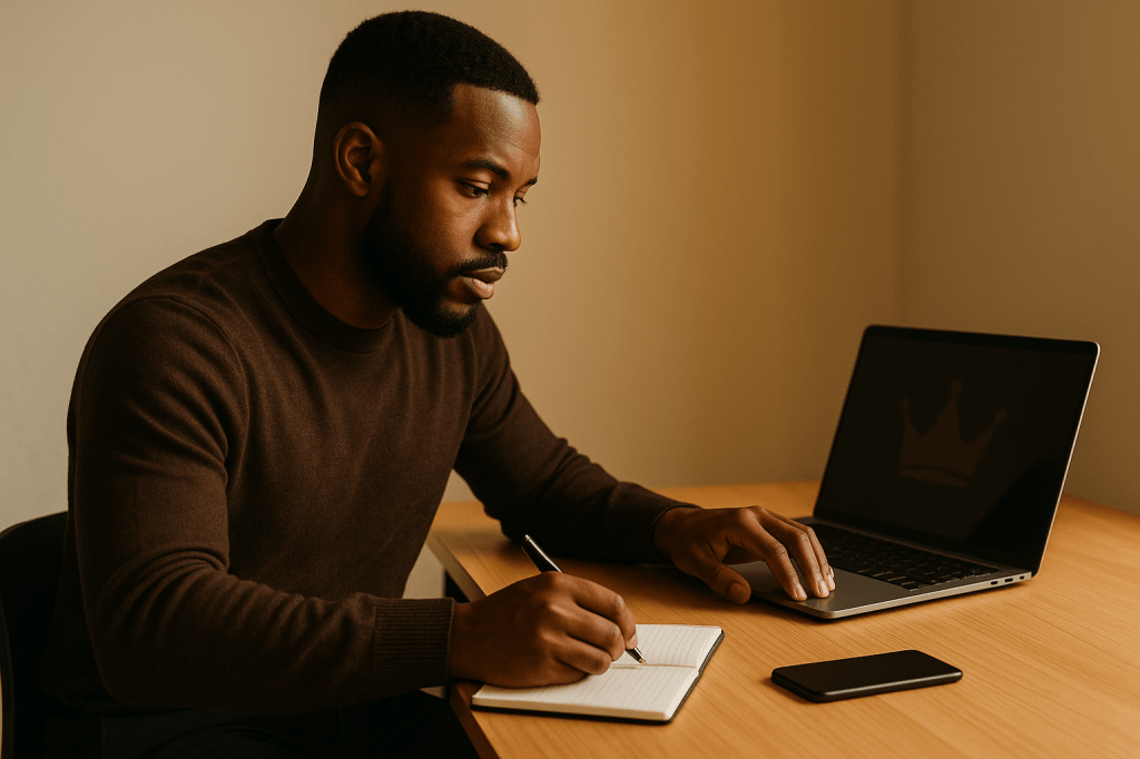 A focused Black man sitting at a minimalist desk reviewing his finances, with warm golden lighting and a subtle crown reflection symbolizing disciplined wealth-building.