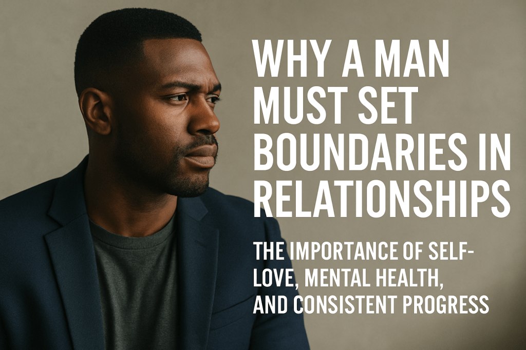 A serious, confident Black man in a navy blazer looking to the side, symbolizing emotional strength, self-respect, and the importance of boundaries in relationships.