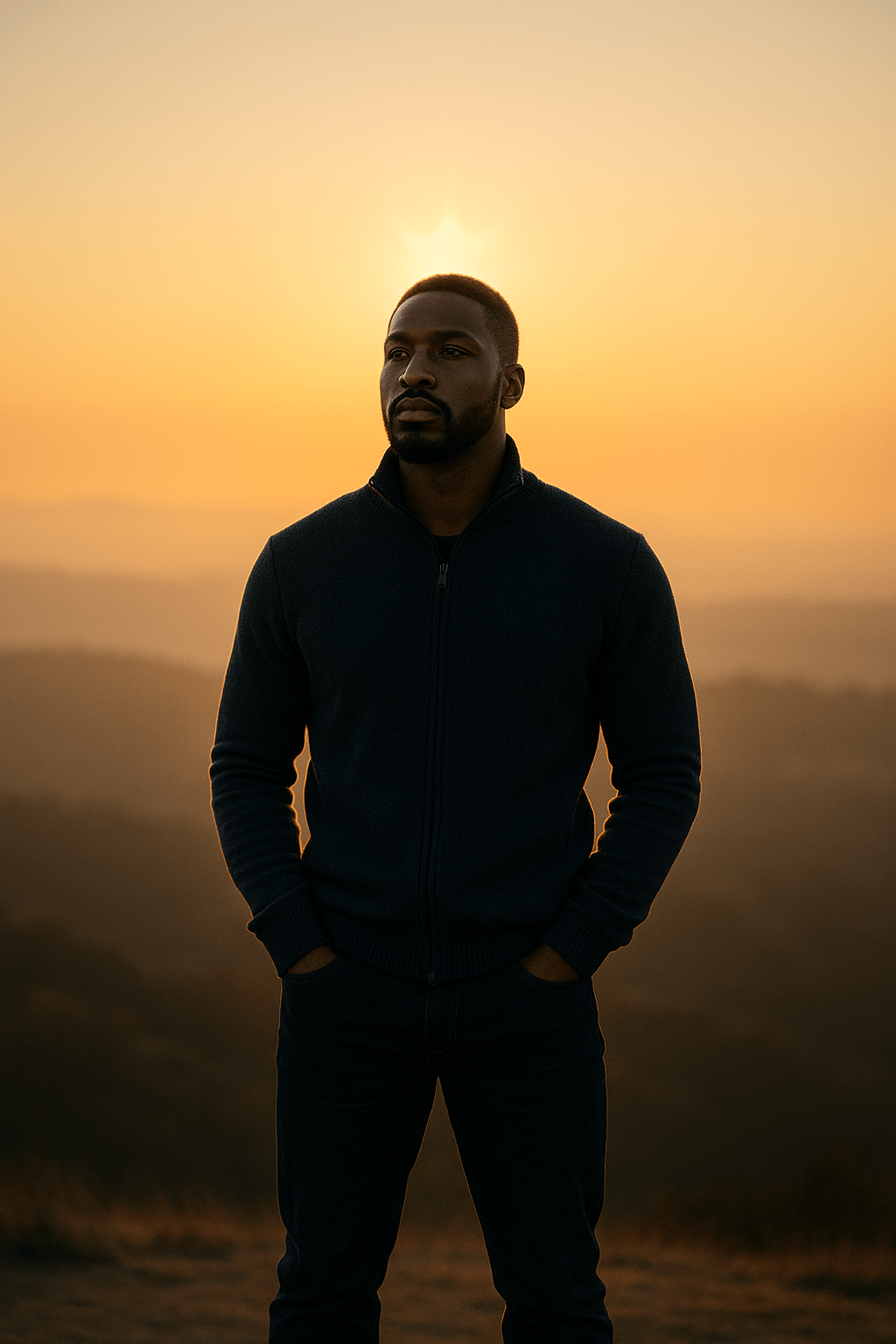 A confident Black man standing at sunrise with warm golden light behind him, symbolizing healing, generational breakthrough, and new beginnings.