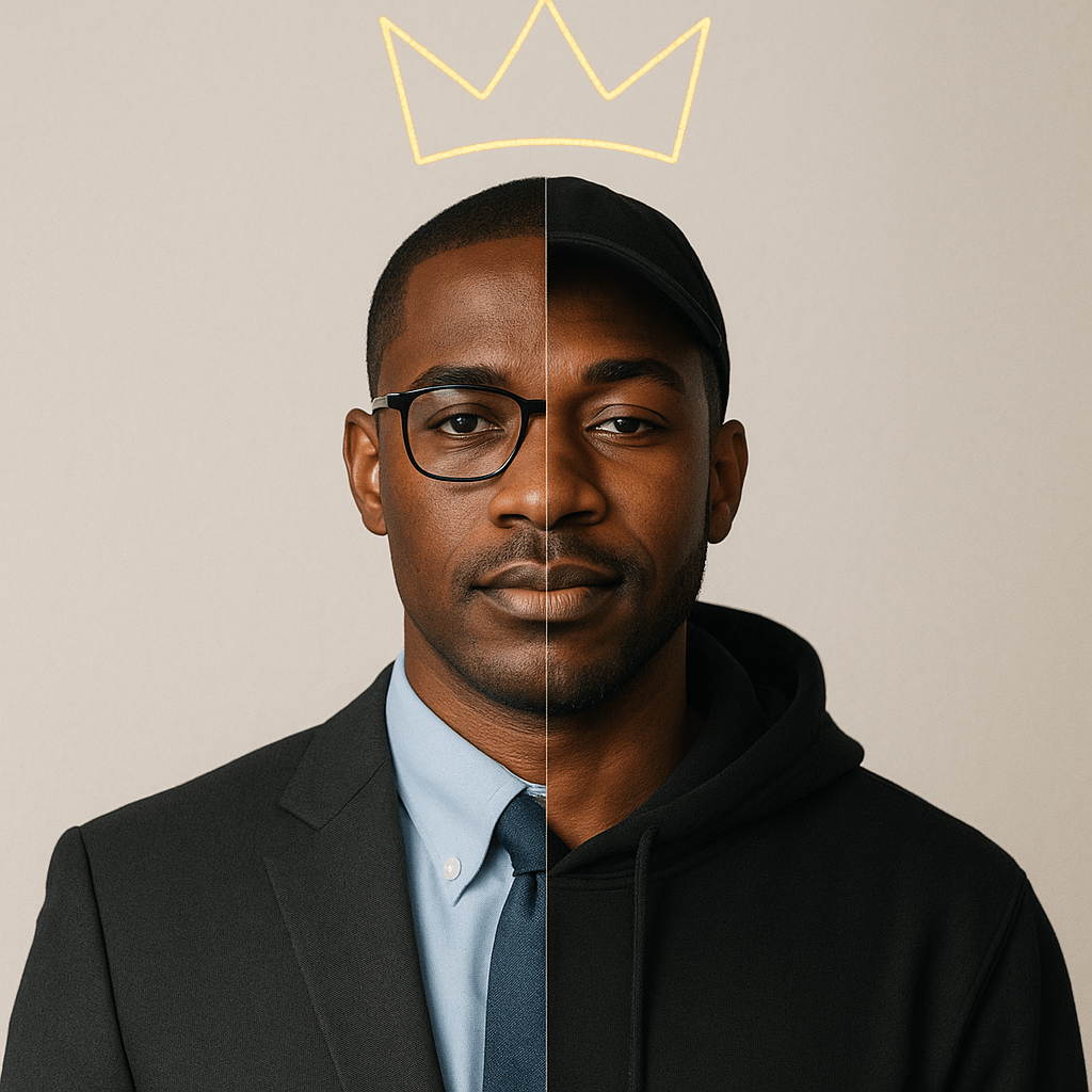 A Black man shown in a split-image — one side studious, one side street-smart — with a faint crown above him symbolizing true identity beyond labels.