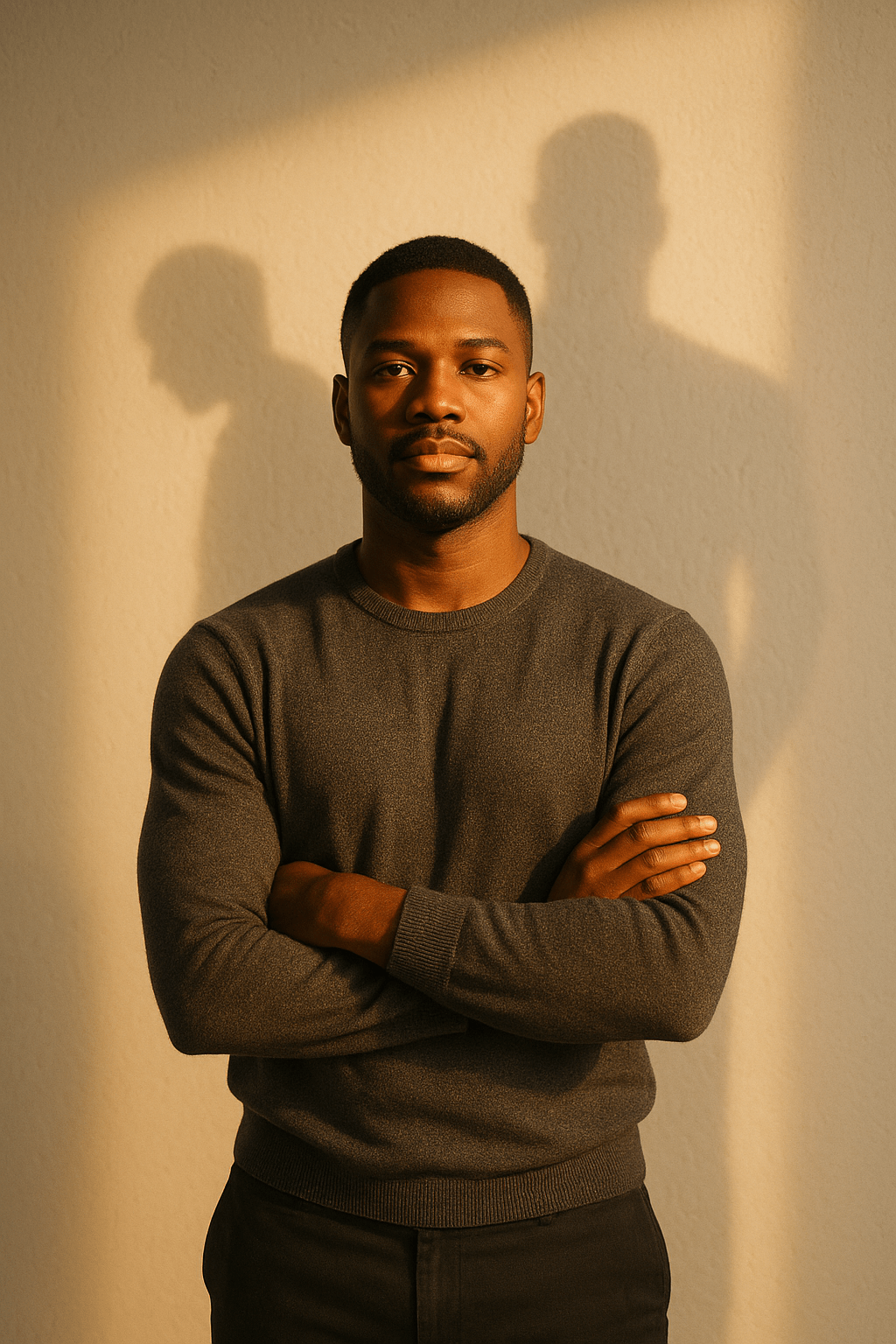 A confident Black man standing with quiet strength and golden lighting, symbolizing a man overcoming people-pleasing and stepping into true identity.
