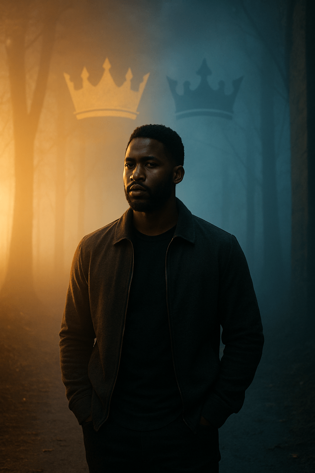 A Black man standing between warm light and cool shadows in a medieval-style setting, symbolizing spiritual kingdoms and the unseen battle for influence.