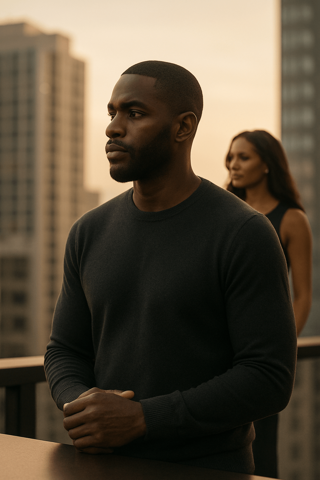 A focused Black man standing with calm intensity as warm light highlights him, symbolizing purpose, discipline, and the importance of space in masculine identity