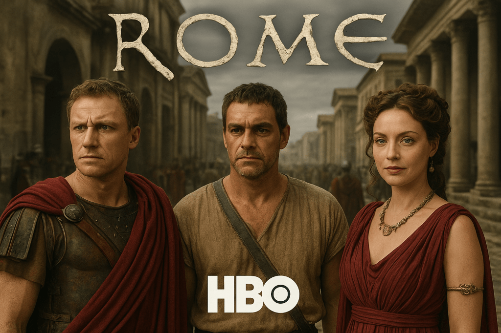Promotional-style image inspired by HBO’s series “Rome,” featuring three central characters standing in an ancient Roman street—two soldiers in red cloaks and armor and a noblewoman in a red stola—set against stone buildings and a dramatic, cloudy sky with the word “ROME” displayed above them.