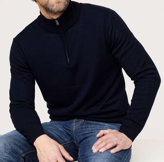 Merino wool sweater from Banana Republic or Club Monaco styled with dark denim and boots for a polished holiday look.